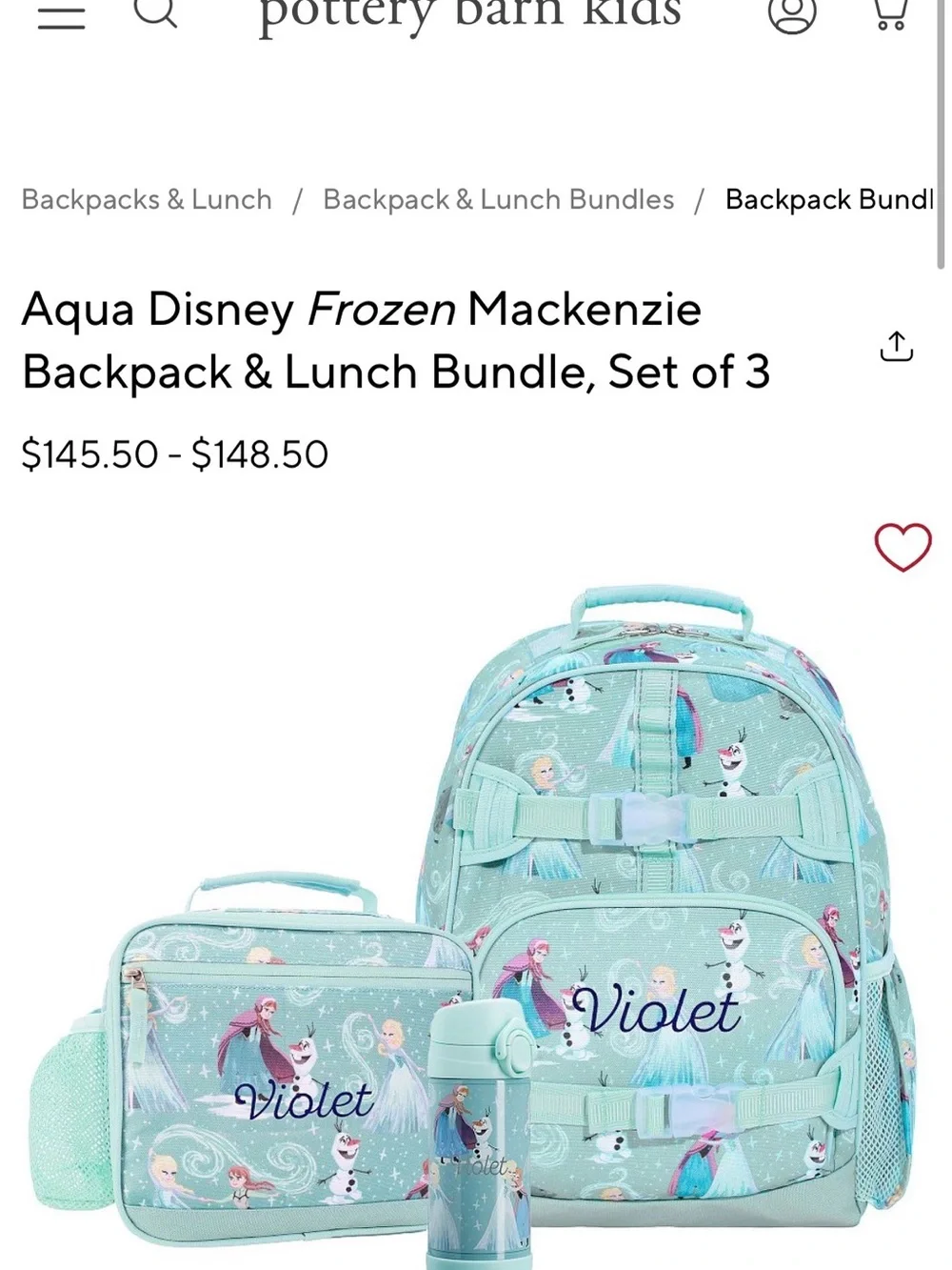 Pottery Barn Kids Frozen Character Backpack and Lunchbox